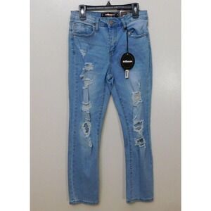 JR493 Dollhouse Blue Juniors' Lorena Ripped Slim Straight-Leg Jeans Size 3